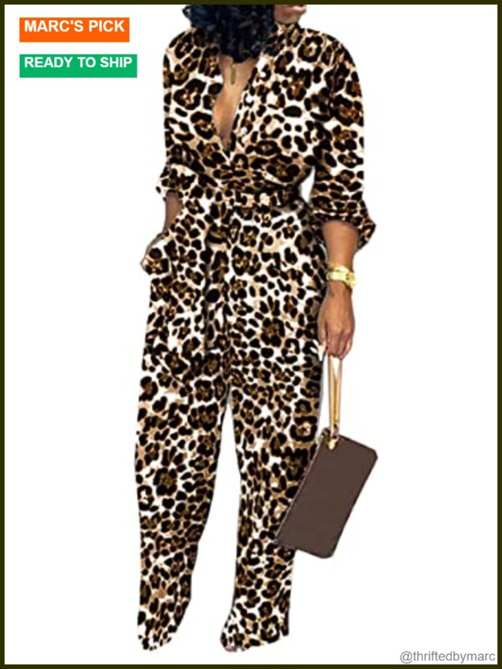 Women's Long Sleeve Leopard Jumpsuit Straight Leg Collared Formal